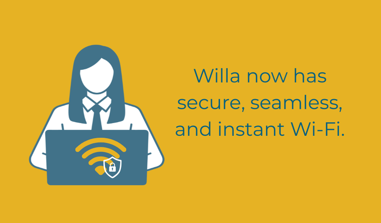 A professional woman with long hair and a collared shirt sits in front of a laptop, symbolizing a work environment. Colored in a warm yellow background, the image conveys a message about Willa’s secure, seamless, and instant Wi-Fi connectivity, indicated by wifi signals.