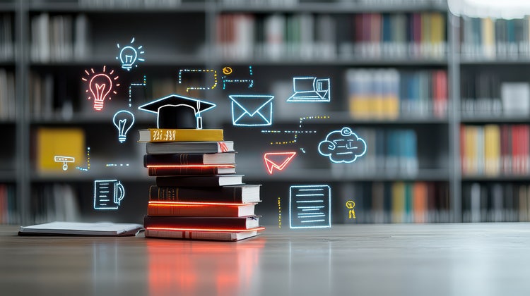 A stack of books topped with a graduation cap on a wooden desk in a library, surrounded by floating neon-outlined educational and digital icons like light bulbs, a laptop, an envelope, a thought bubble with a graph, a document, and a person icon.
