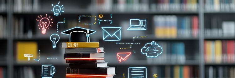 A stack of books topped with a graduation cap, surrounded by glowing neon-style icons representing education, technology, and ideas, set against a blurred background of library bookshelves.